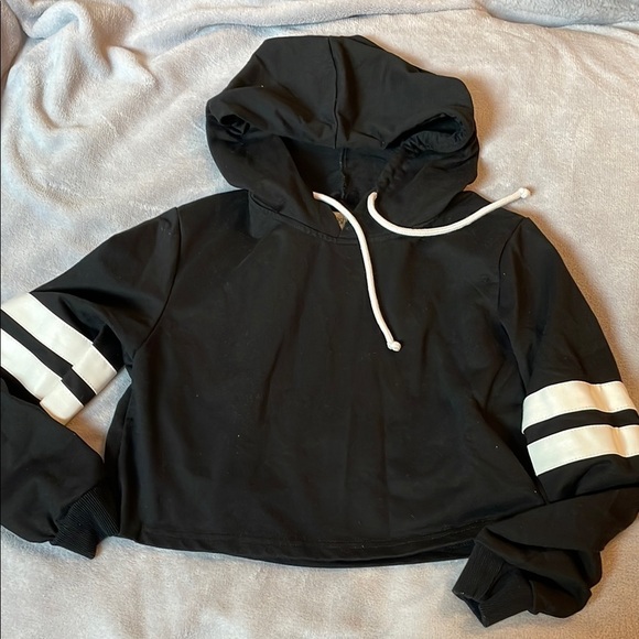 Black Cropped Hoodie with White Stripes - Picture 7 of 10